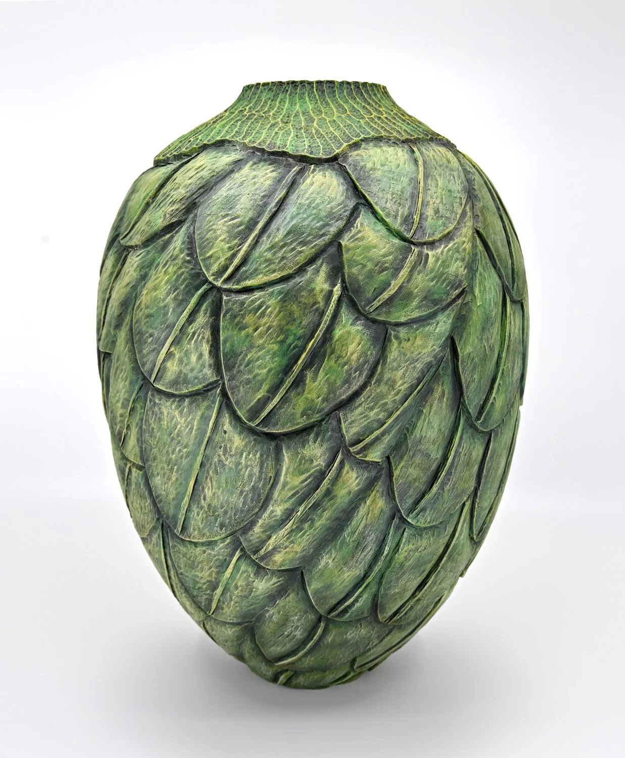 Jungle green and black colored FALLING LEAVES ~ Maple Vase  Turned wood, carved and textured with pyrography, painted with India ink and acrylics. Dimensions: 12"h x 8"w