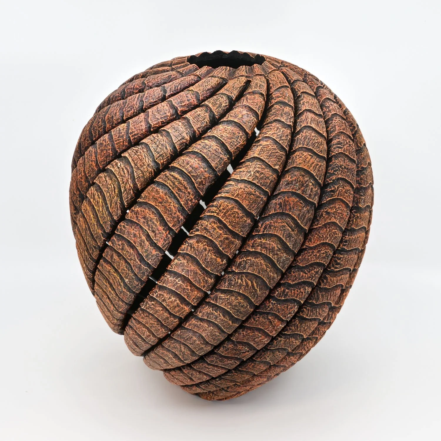 Sandstone red OAK SPIRAL ~ Oak Vase  Turned wood, carved and textured with pyrography, painted with acrylics. Dimensions: 10.5"h x 8.5"w