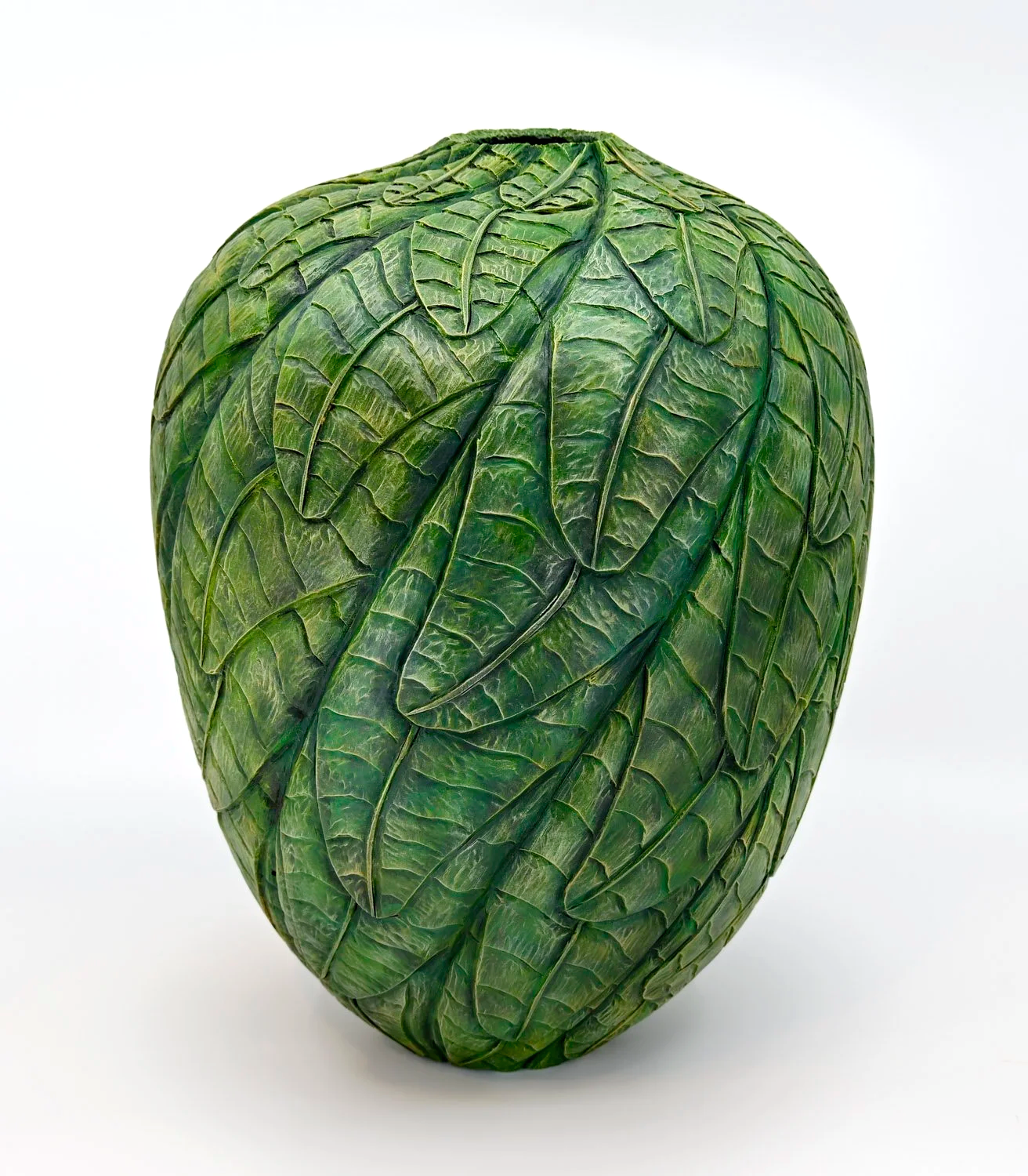 Rich green colored SPIRALING LEAVES ~ Maple Vase  Turned wood, carved and textured with pyrography, painted with acrylics. Dimensions: 12"h x 9"w