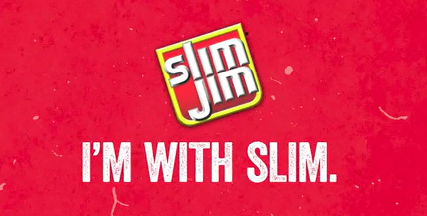 A red background with a Slim Jim logo and the text "I'm with Slim." in white capital letters.