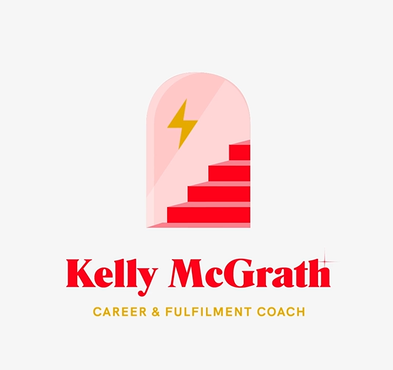 Logo of Kelly McGrath, a career and fulfillment coach, with a pink arched doorway, red stairs, and a yellow lightning bolt.