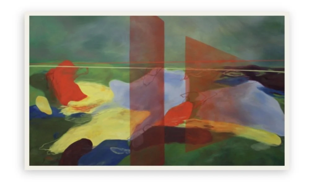 Large horizontal abstract landscape by Marie-Chloé Duval (2026). Features soft atmospheric washes of color intersected by sharp, transparent red shapes.