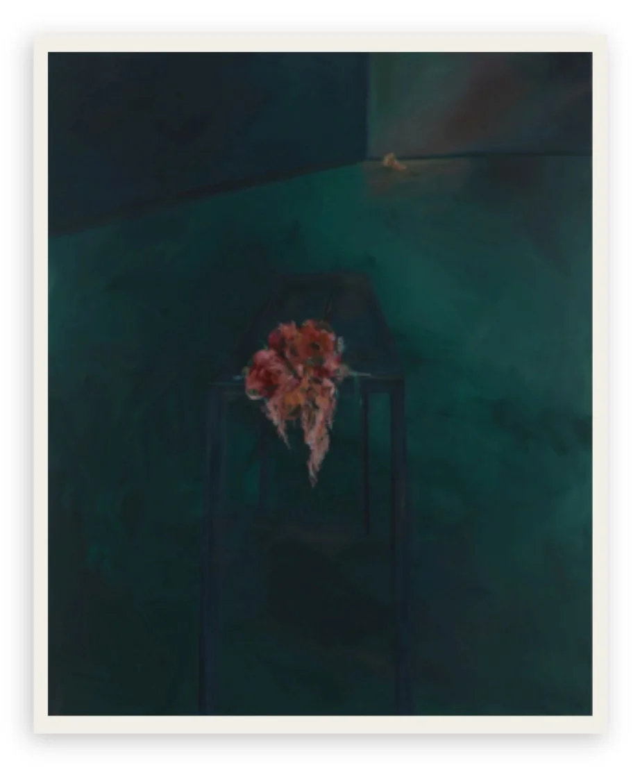 "Evidence of Us" by Marie-Chloé Duval (2024). A 60x48 oil on canvas painting featuring a dark teal interior with a central floral arrangement