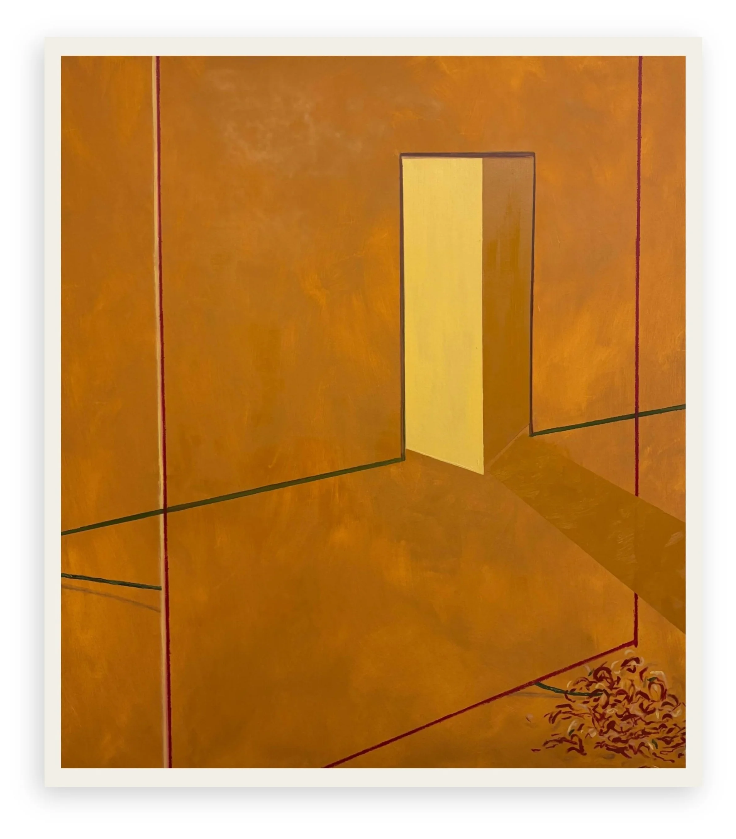 "In the Presence of Us" by Marie-Chloé Duval, 2024. A 65x57 oil painting featuring warm ochre and yellow architectural shapes with minimalist line work.