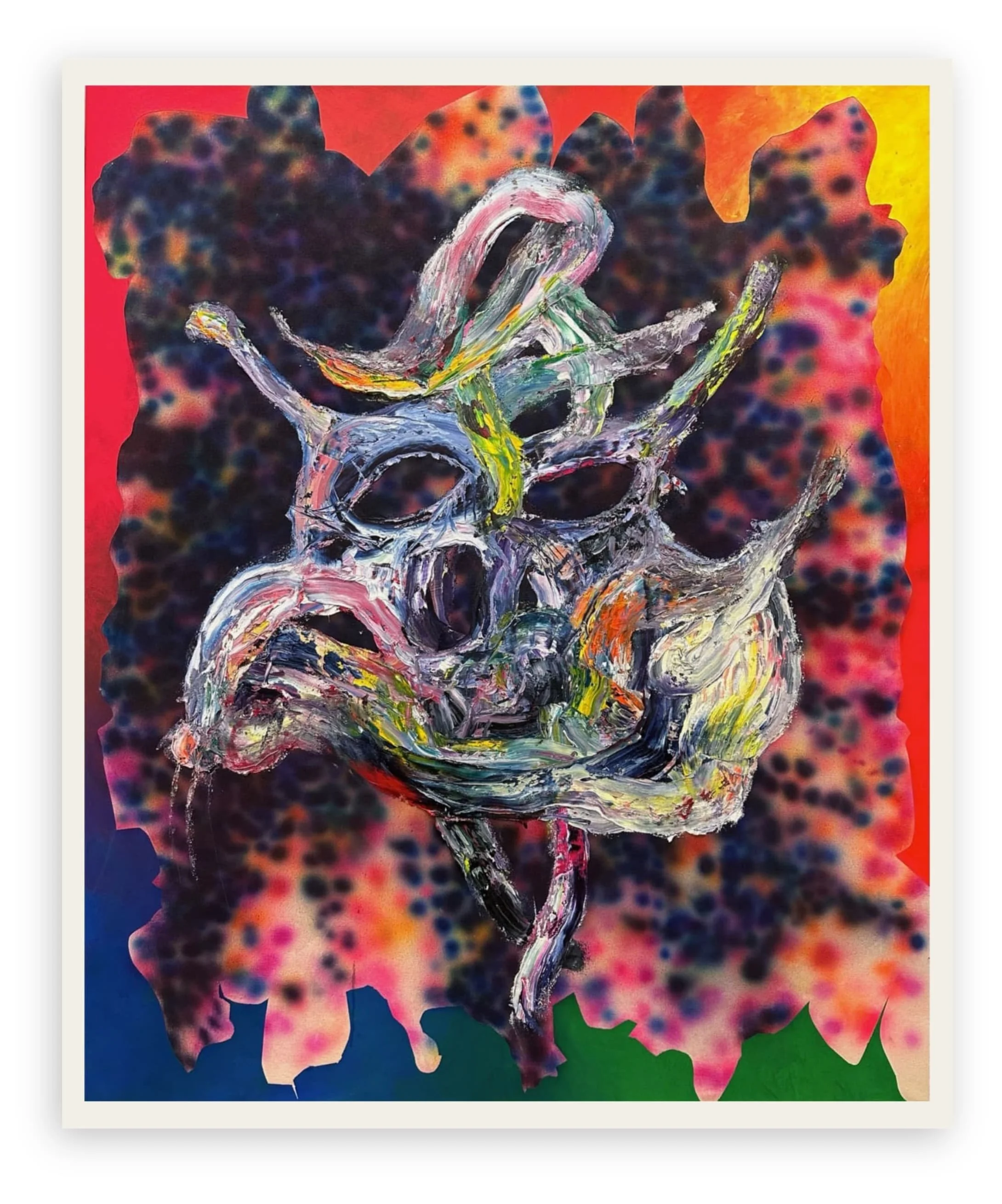 Contemporary painting "Mauna Kea" by Erik Foss (2026). Features a central thick impasto form over a vibrant, multicolored spray-painted background.