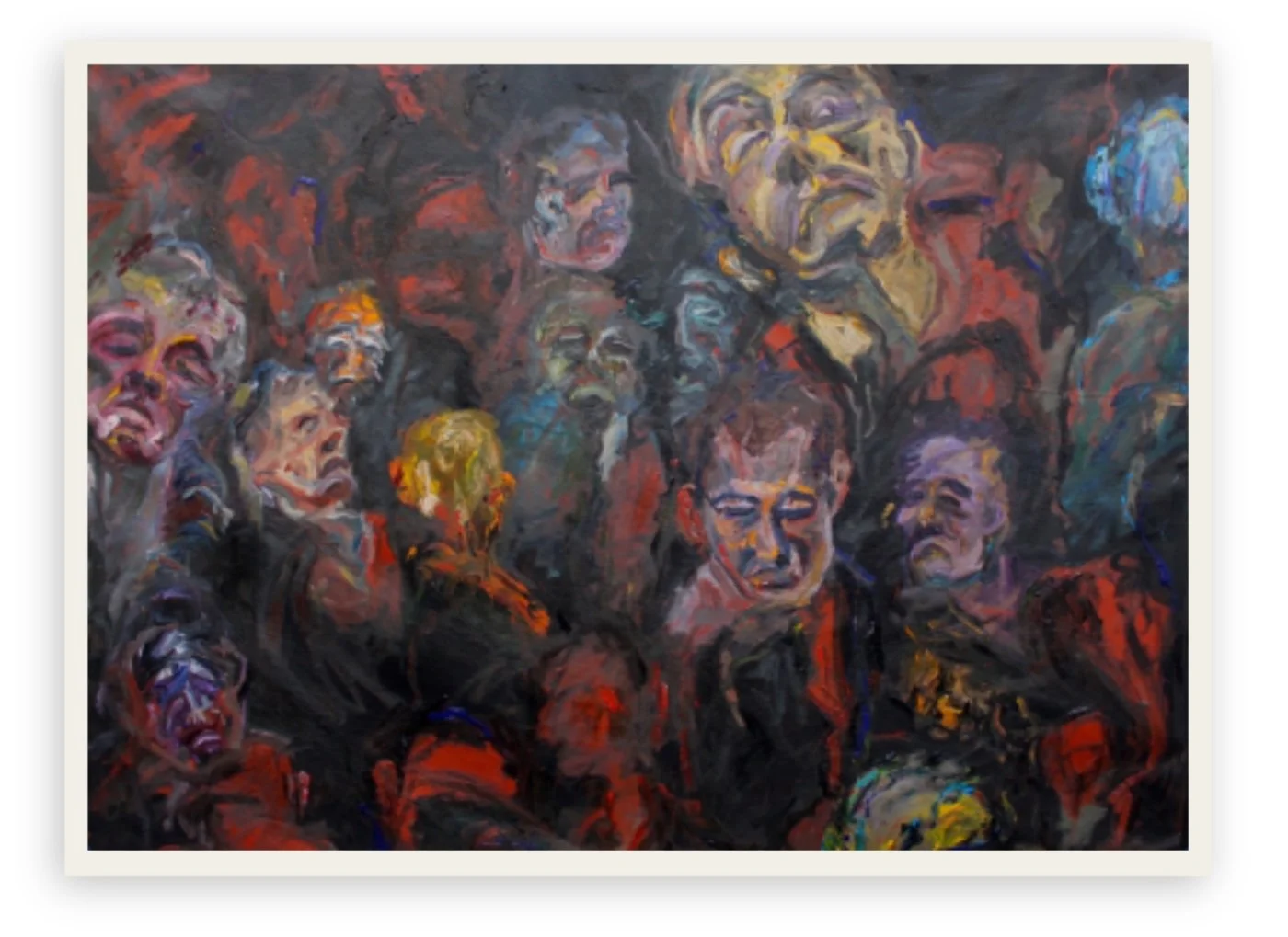 "I will never walk twice in this crowd" by Marie-Chloé Duval (2024). A 54x75 oil painting depicting a dense, expressive crowd of faces in dark and red tones.