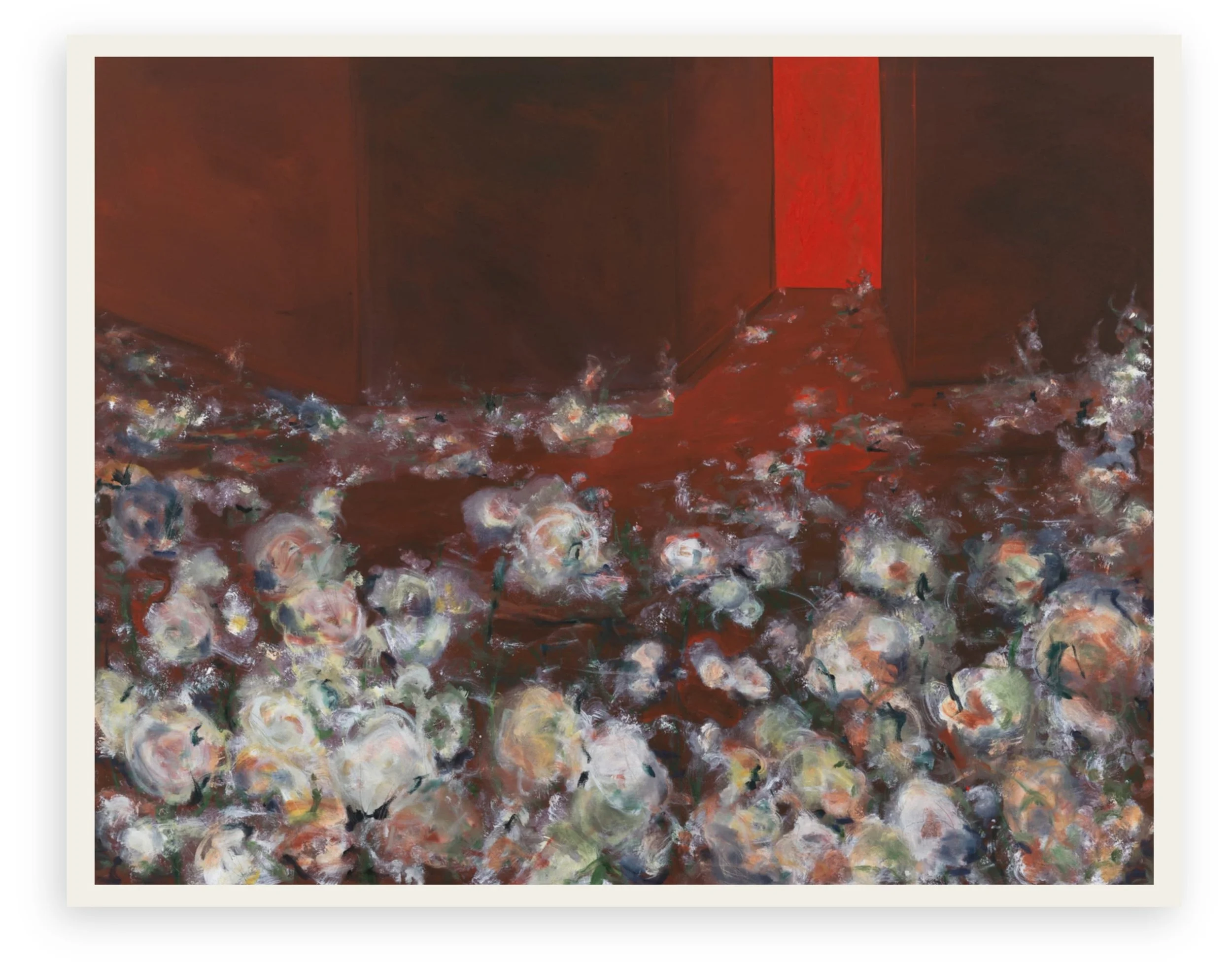 Marie-Chloé Duval, 2024. Large-scale oil painting depicting an expressive field of white flowers transitioning into a deep red architectural doorway.