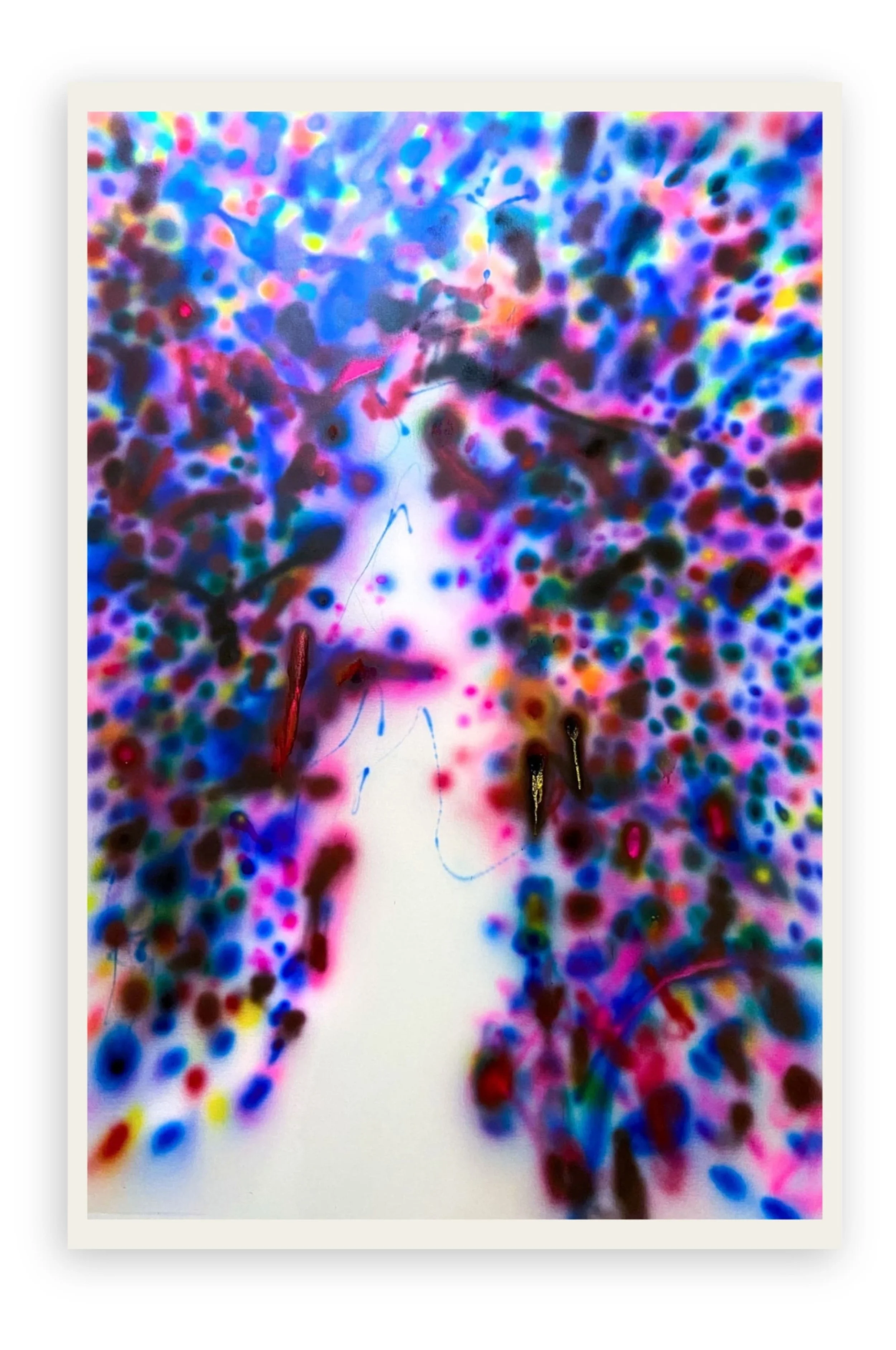 Erik Foss "Warp Speed Trippers" abstract painting. A vibrant, saturated 2021 work on canvas exploring fluid movement through a dense field of color.