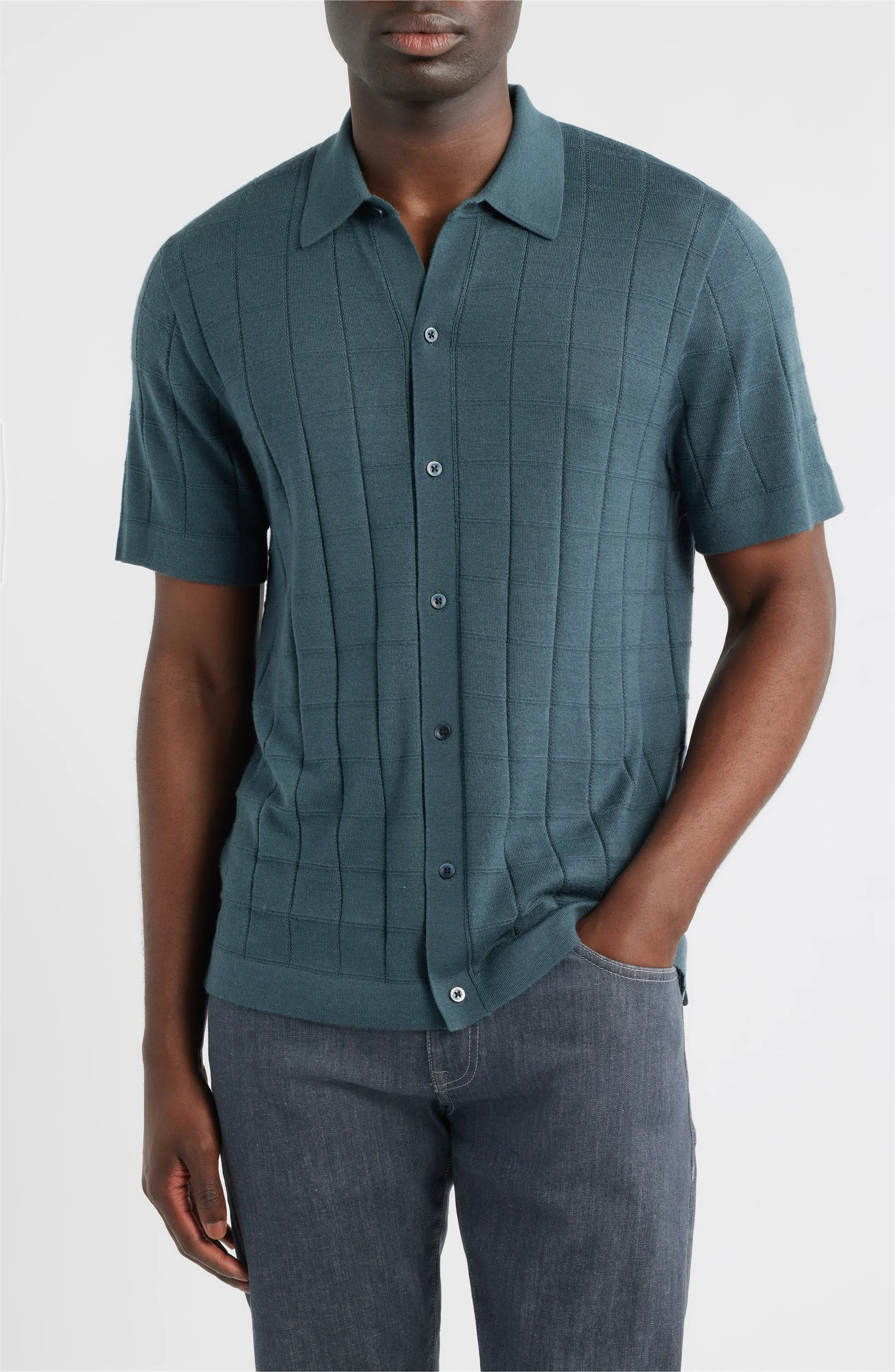 Sportswear Men's - NORDSTROM - TEXTURE SHORT SLEEVE BUTTON UP SWEATER - SP26 - BLUE SLATE - Assoc Designer - Seattle, WA, USA