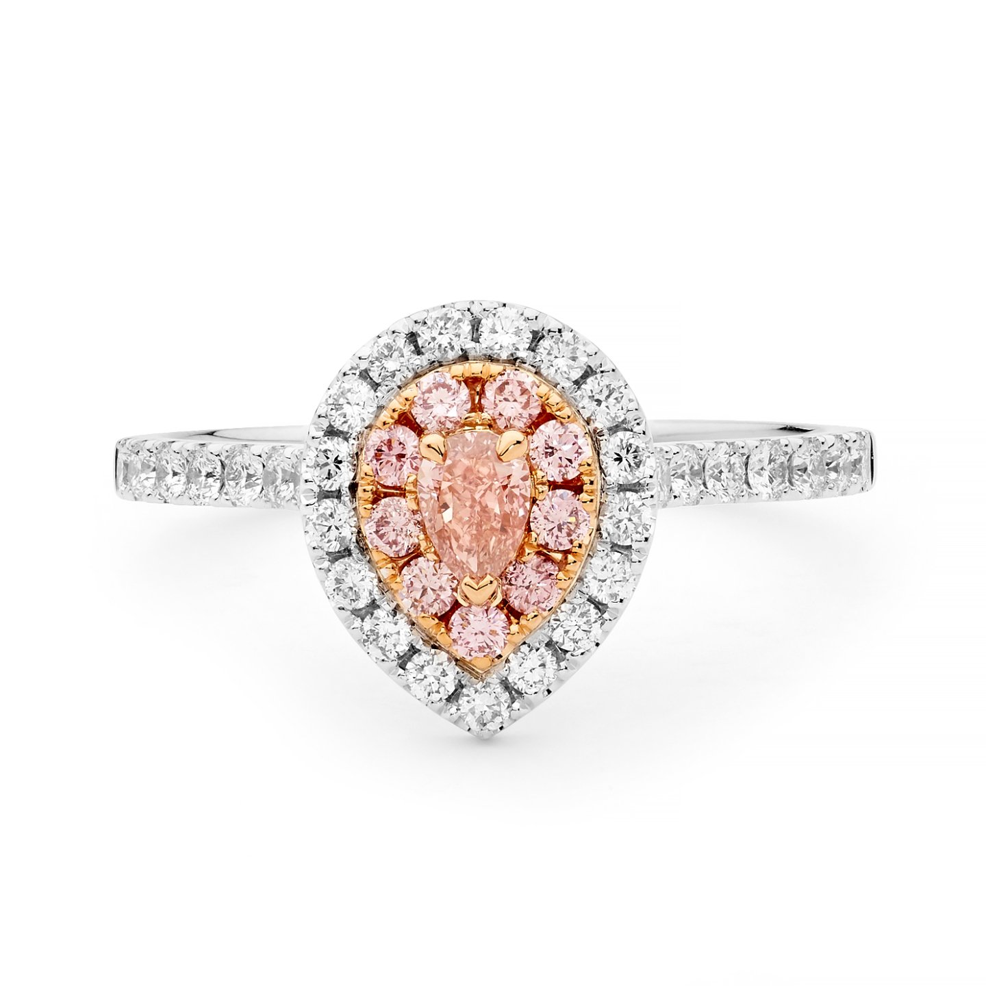 Introducing 'EDJR002' - the symphony of Desert Rose's finest craftsmanship, featuring a pear-cut pink diamond center cradled by an inner halo of Argyle's coveted pink diamonds. The outer halo sparkles with brilliant white diamonds, cascading down the