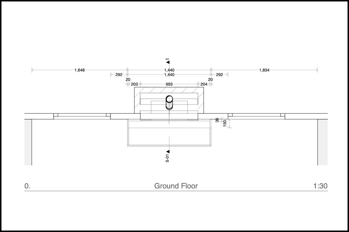Architectural floor plan of a ground floor layout with dimensions and a central circular feature.