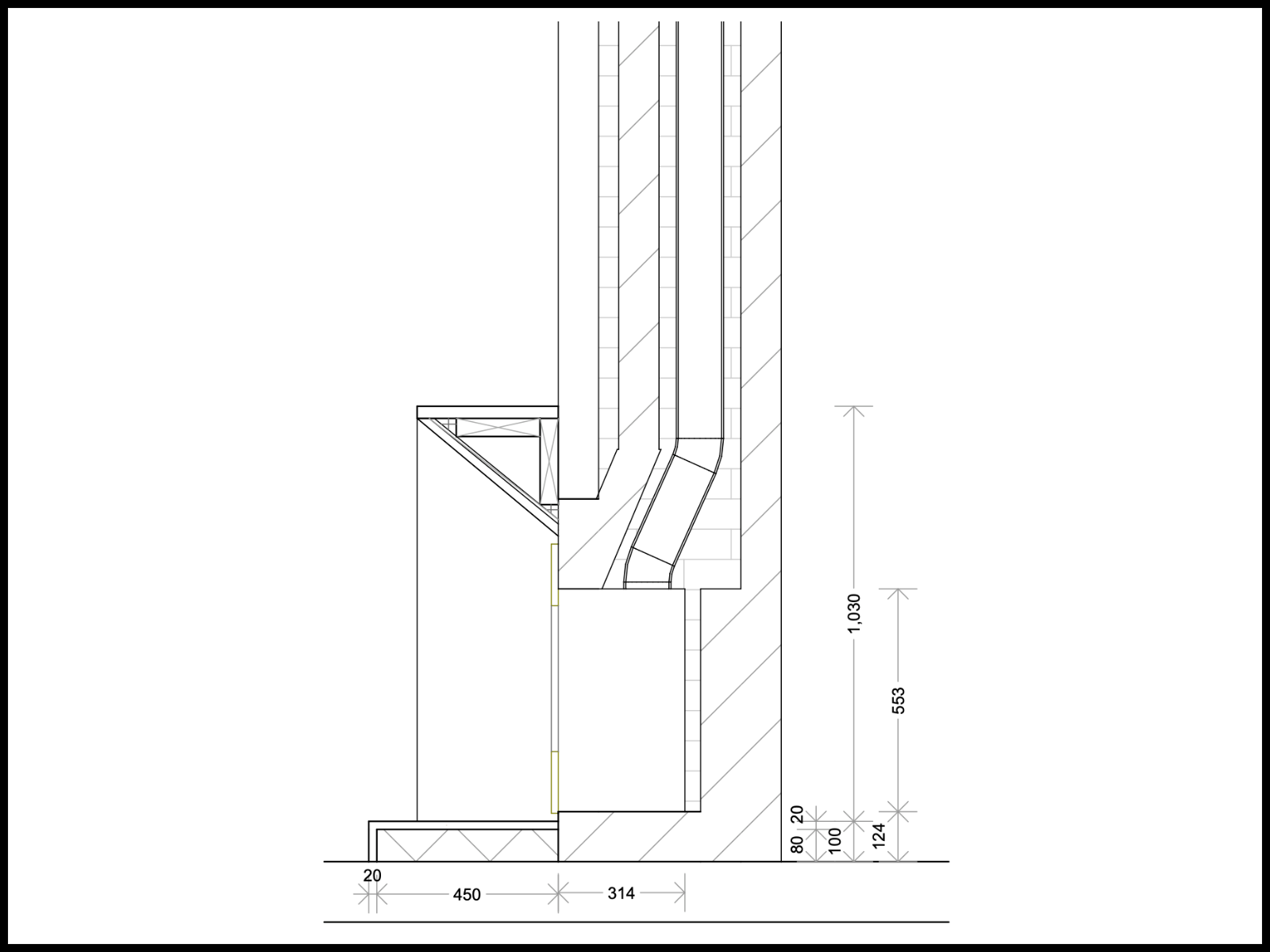 Line drawing of a technical architectural floor plan showing the side view of a structure with dimensions and measurements.