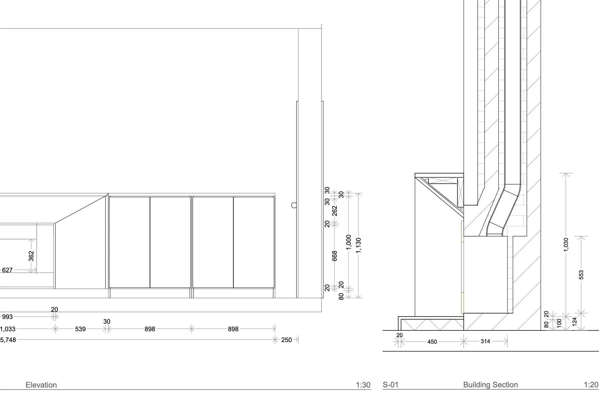 Architectural blueprint drawing showing building sections, elevations, and detailed measurements.