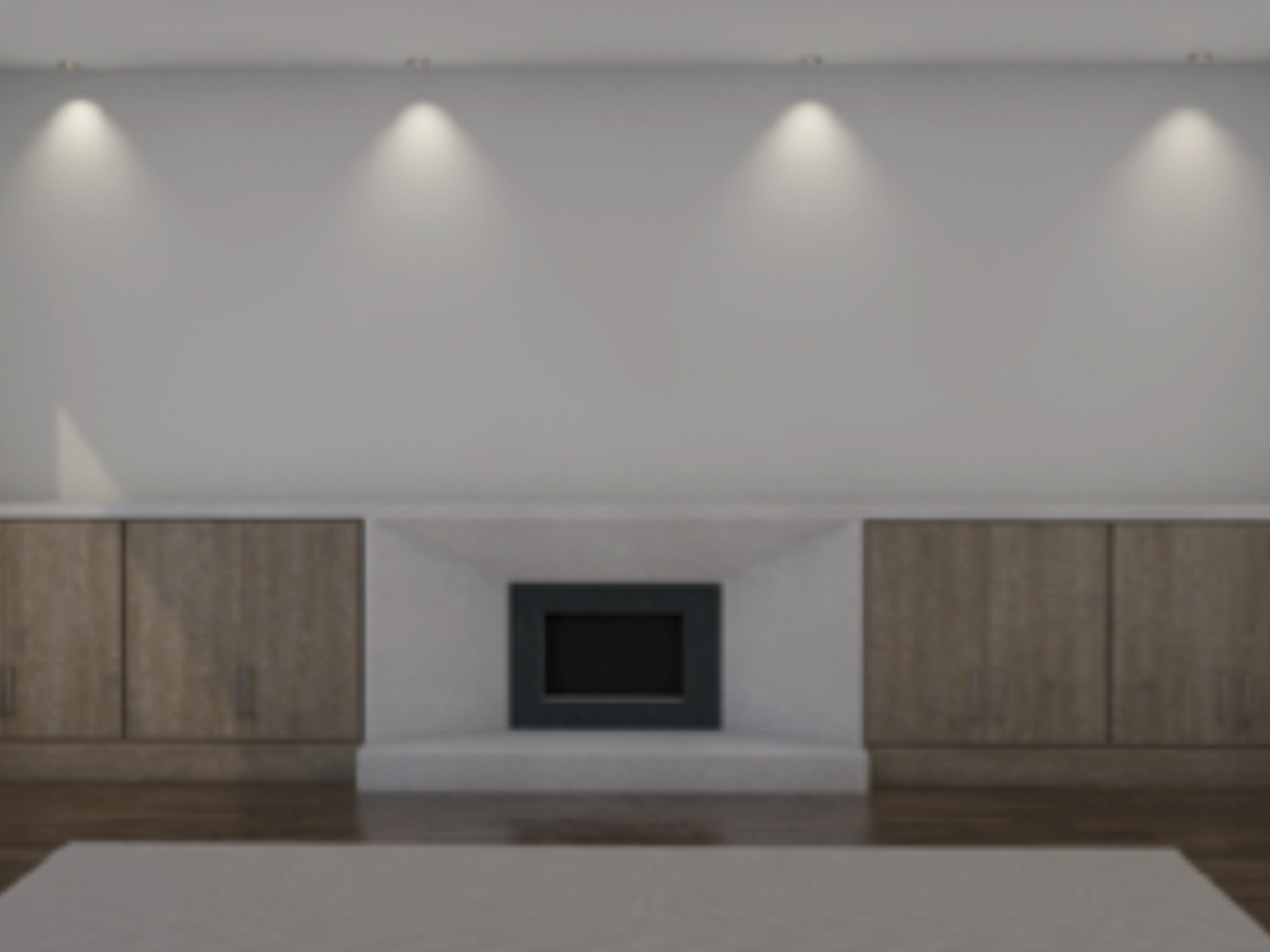 Modern living room with white walls, built-in wooden cabinets, a flat screen TV, and ceiling spotlights.