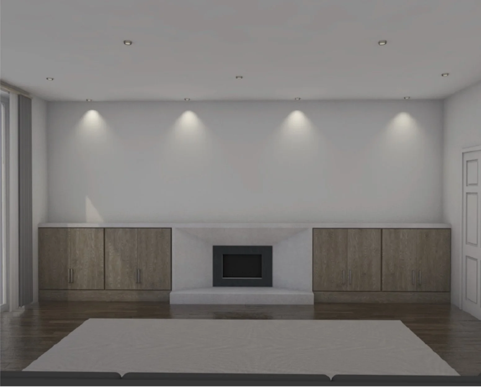 Living room with white walls, recessed ceiling lights, a white fireplace, and wooden cabinets on each side.