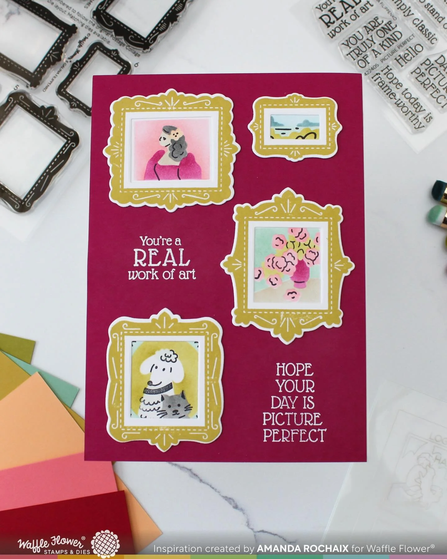 Guysssss. I think I maybe found my new favorite Postage Collage stencil 🫣. This month @waffleflowercrafts is releasing the Picture Perfect stencil AND it has a matching detail stamp set 😍. I loooove the art gallery theme of this stencil, not to men