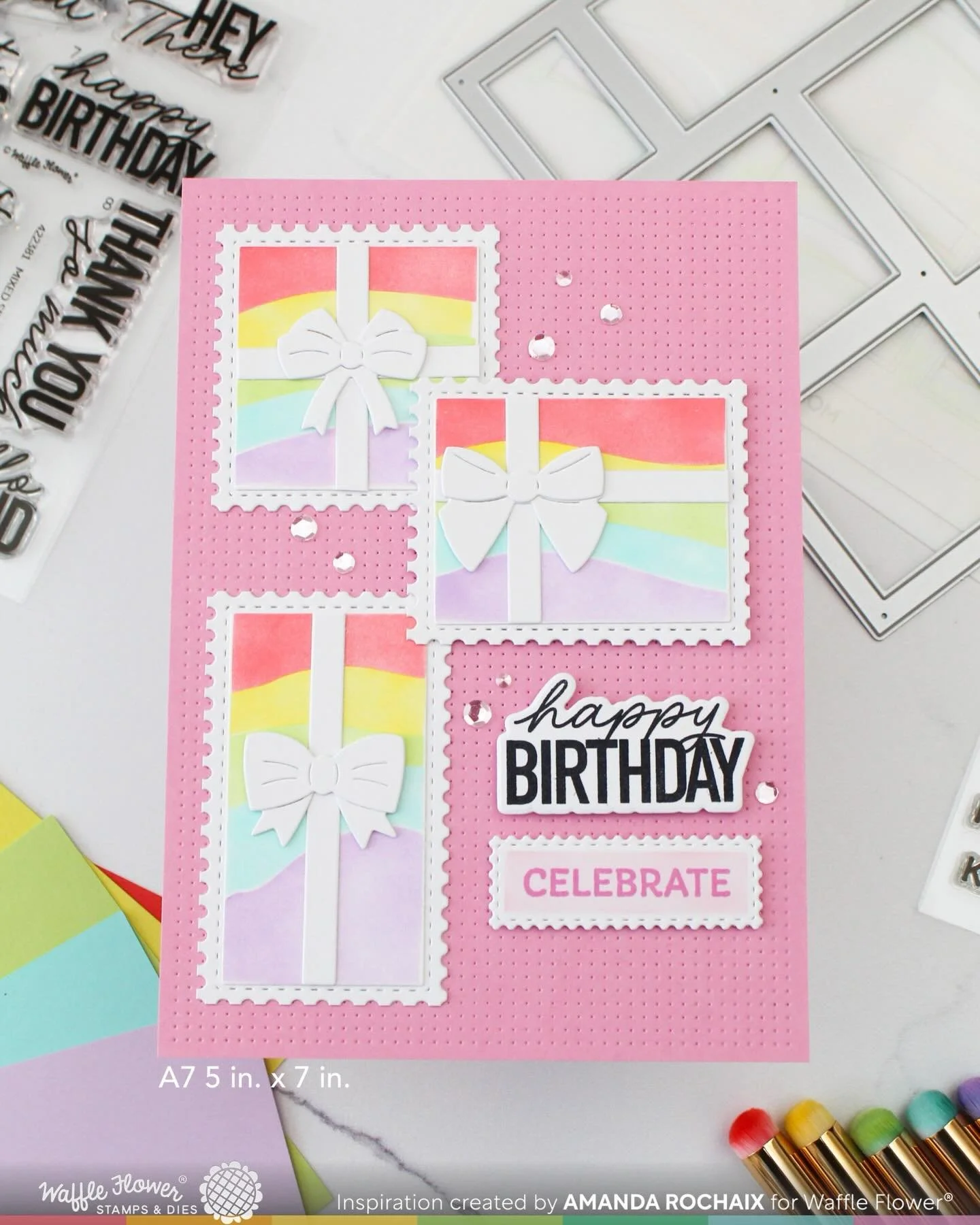 Speaking of birthday cards, how cute is this Postage Collage birthday card?!

I thought the new Wavy Lines stencil (in this case, the A7 set) would make the perfect patterned gift wrap. I pulled out the Postage Collage Gifts die set and made some cut
