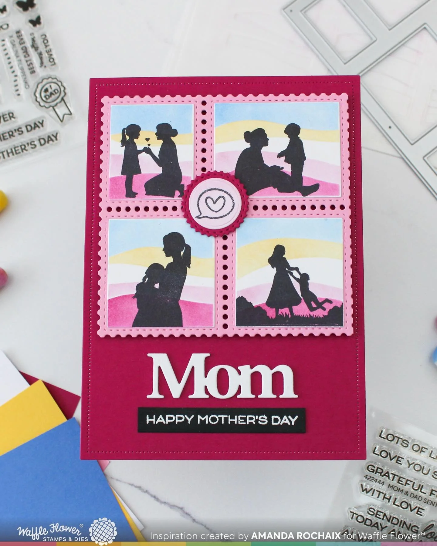 I had lots of fun playing with the new Postage Collage Wavy Lines stencils &amp; different color palettes! This card features the A6 stencil and the new Postage Collage Mom Silhouettes stamp set from the @waffleflowercrafts Celebrate You release. Hav