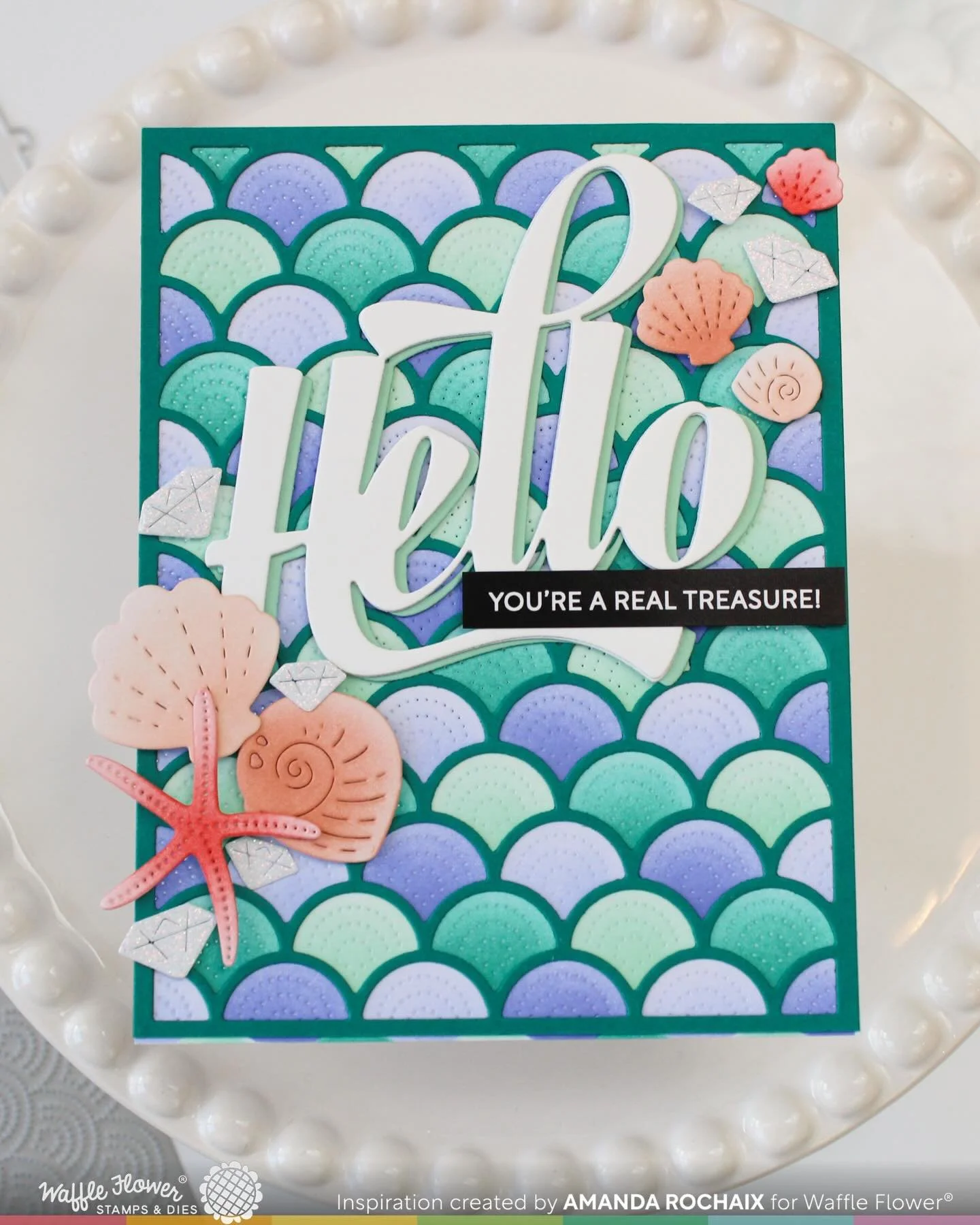 Today is the final day of sneaks before the @waffleflowercrafts Under the Sea release hits the shop tomorrow! This card features all the products in the Jolly Wave suite: the texture die, the panel die, and the coloring stencil. Love that hello? That