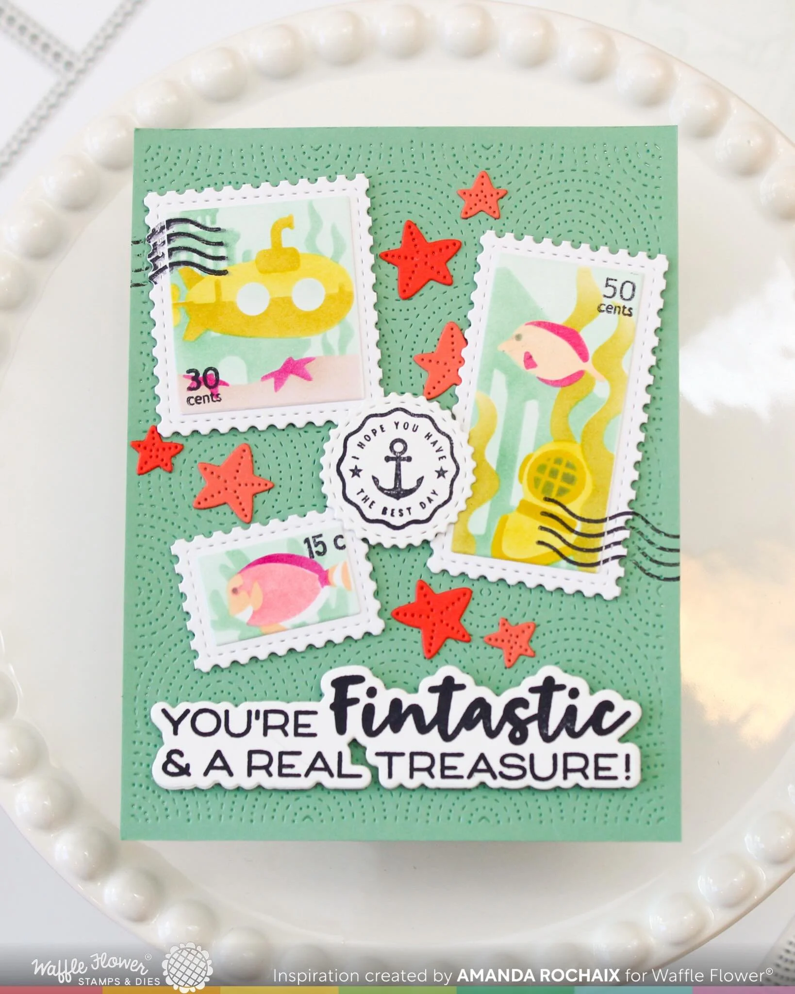 Kicking the week off with this cutie! Have you seen the new Under the Sea Postage Collage stencil from @waffleflowercrafts ?! It&rsquo;s soooo adorable! I love every scene in it. It lowkey hurt me to make a card with just three of them, but it was a 