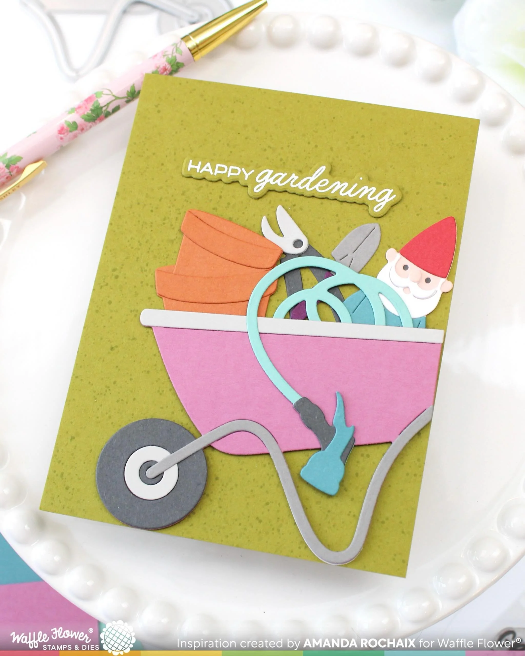 I had so much fun making this card! It reminded me of outdoor spring clean up and getting the garden ready for the season, but with a gnomey addition! We are yet to have our own gnome (I&rsquo;m stating to think it&rsquo;s time?), but we get lots of 