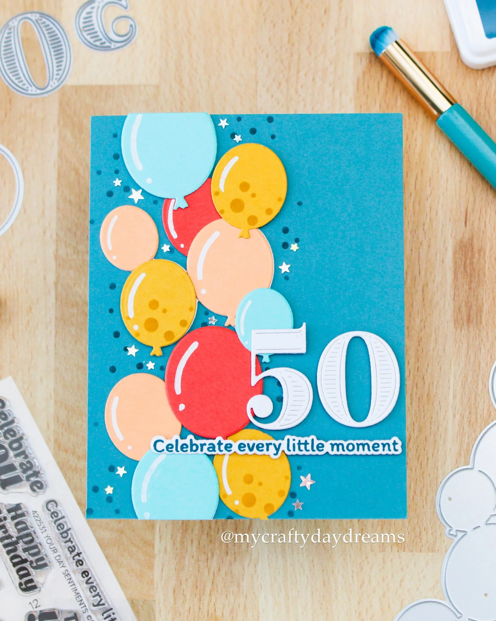 Waffle Flower— Balloon Cluster 50th Birthday Card + Bonus Cards!