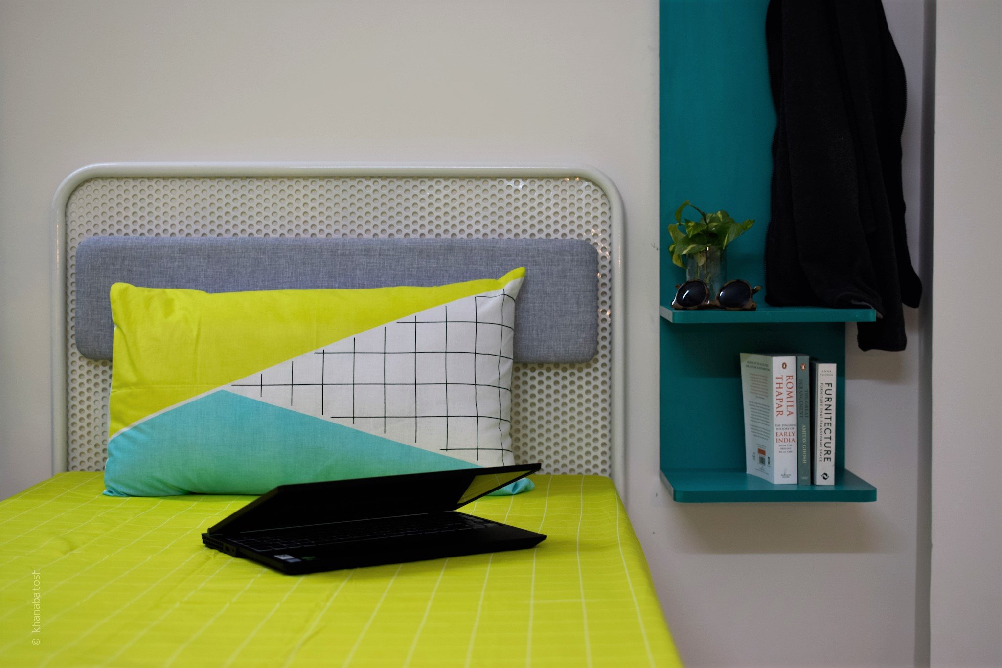 Lime green theme , Low cost interiors, student housing, India Low cost interiors