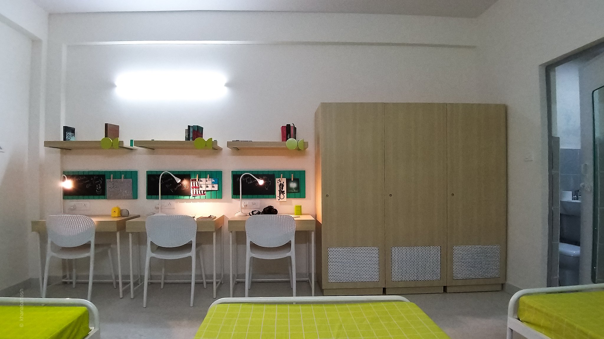 Lime green theme , Low cost interiors, student housing, India Low cost interiors