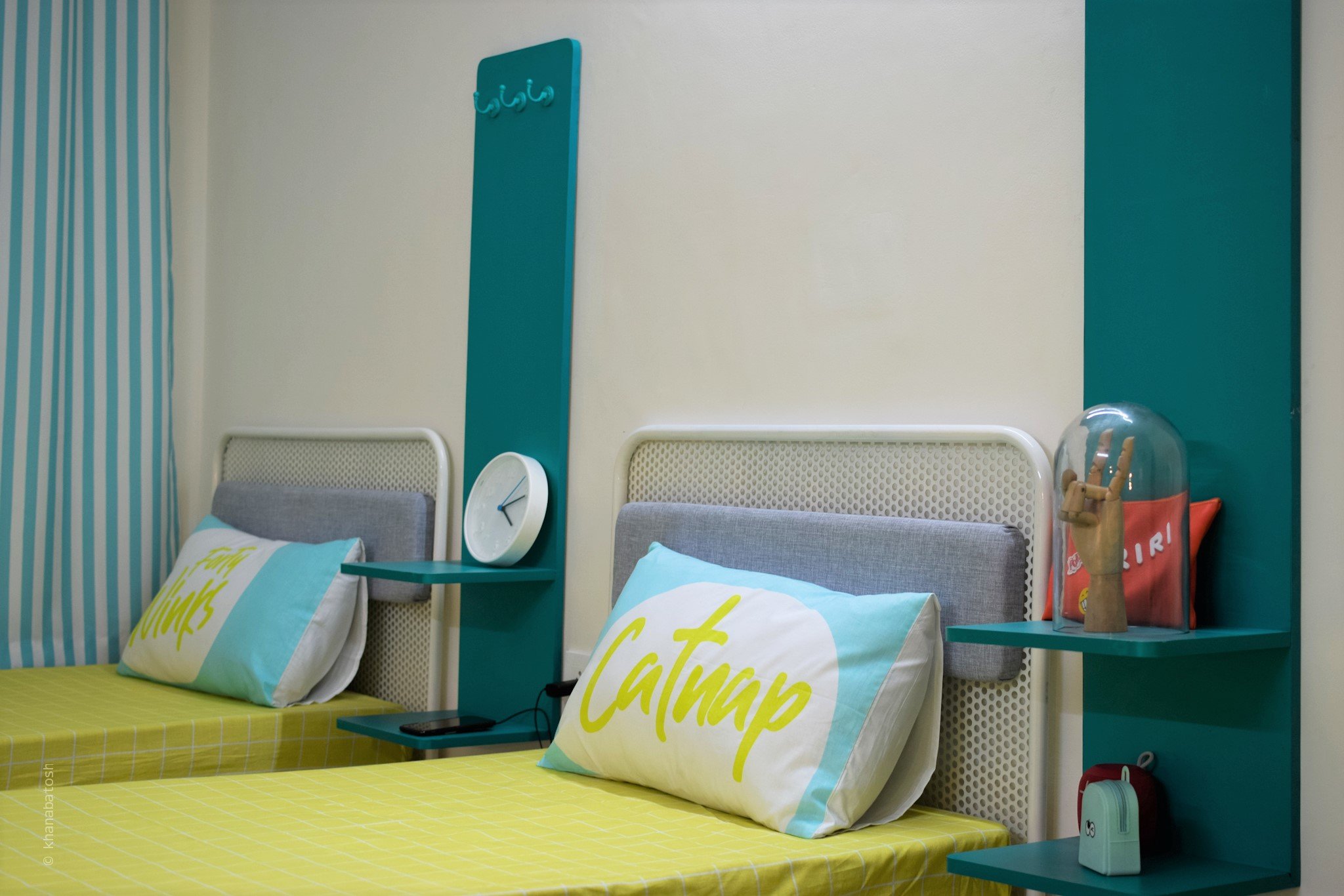 Lime green theme , Low cost interiors, student housing, India Low cost interiors