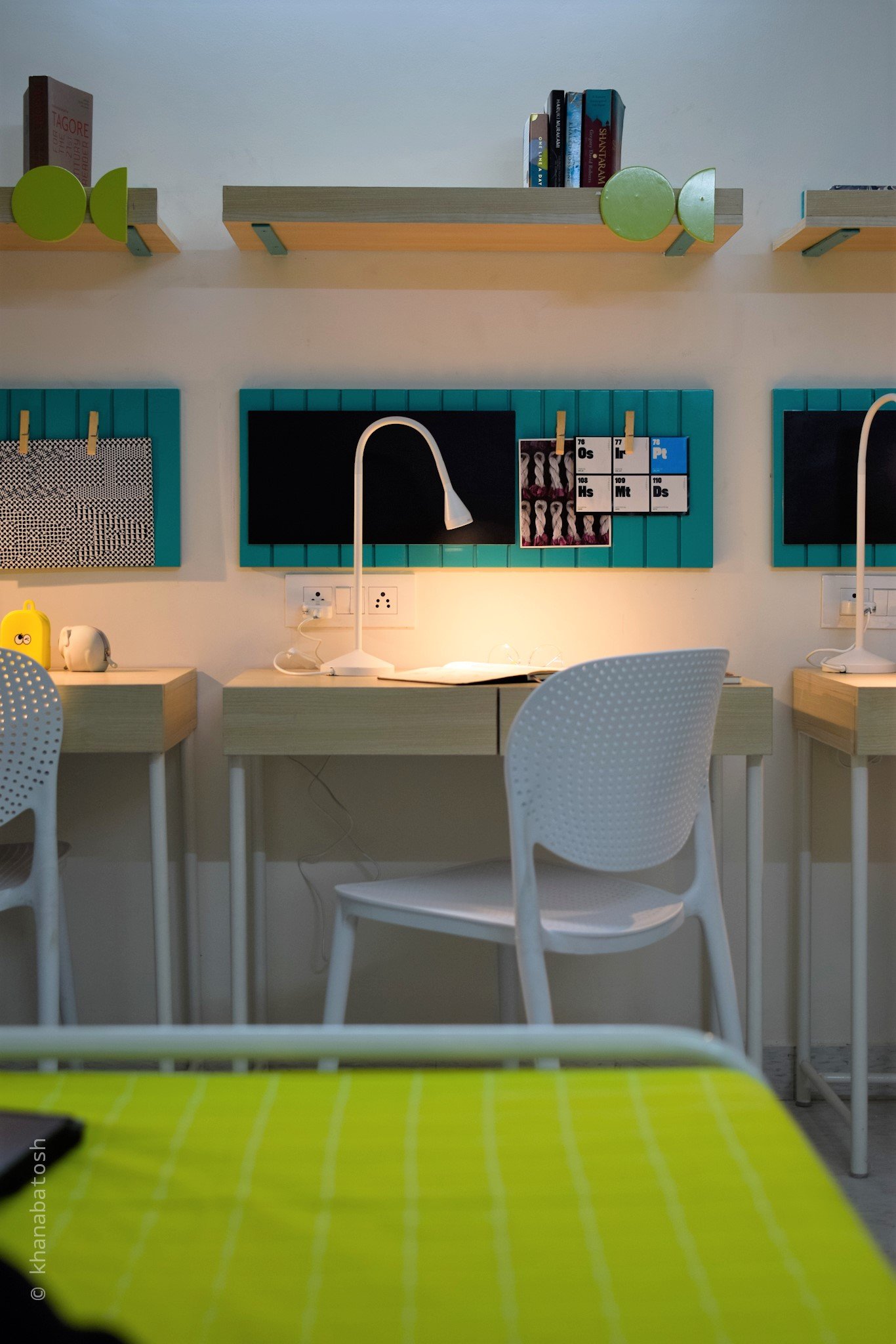 Lime green theme , Low cost interiors, student housing, India Low cost interiors