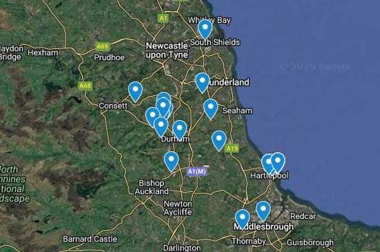 Map of North East England with markers indicating various towns and cities including Newcastle, Sunderland, Durham, Hartlepool, Middlesbrough, Redcar, Guisborough, and others.