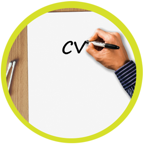 Handwriting 'CV' on a white paper with a pen on a wooden desk background, highlighting a concept of resume or curriculum vitae writing, with earbuds nearby.