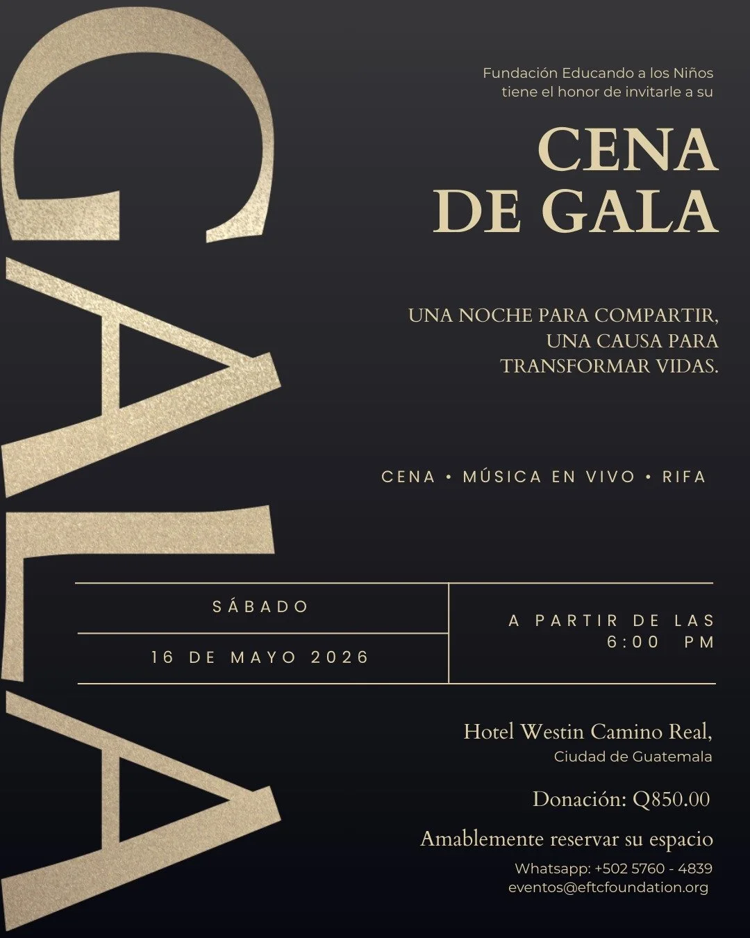 El pr&oacute;ximo 16 de mayo de 2026, Fundaci&oacute;n Educando a los Ni&ntilde;os celebrar&aacute; su Cena de Gala 2026 en el elegante @westincaminoreal 

Una velada para compartir, conectar y reafirmar que la educaci&oacute;n transforma vidas.

Ser