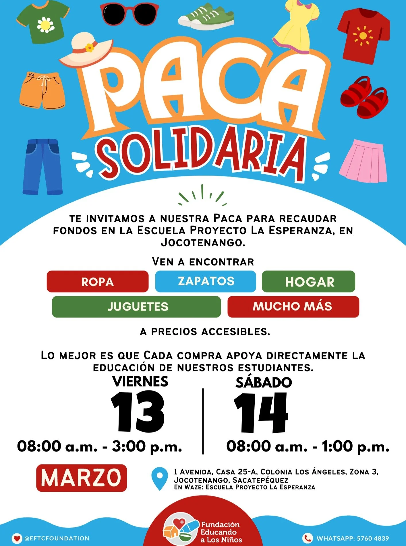 👕👟 &iexcl;Llega nuestra PACA SOLIDARIA! 🧸🏠

Este 13 y 14 de marzo te invitamos a encontrar ropa, zapatos, juguetes, art&iacute;culos para el hogar y mucho m&aacute;s a precios accesibles.

💛 Lo m&aacute;s importante: cada compra apoya directamen