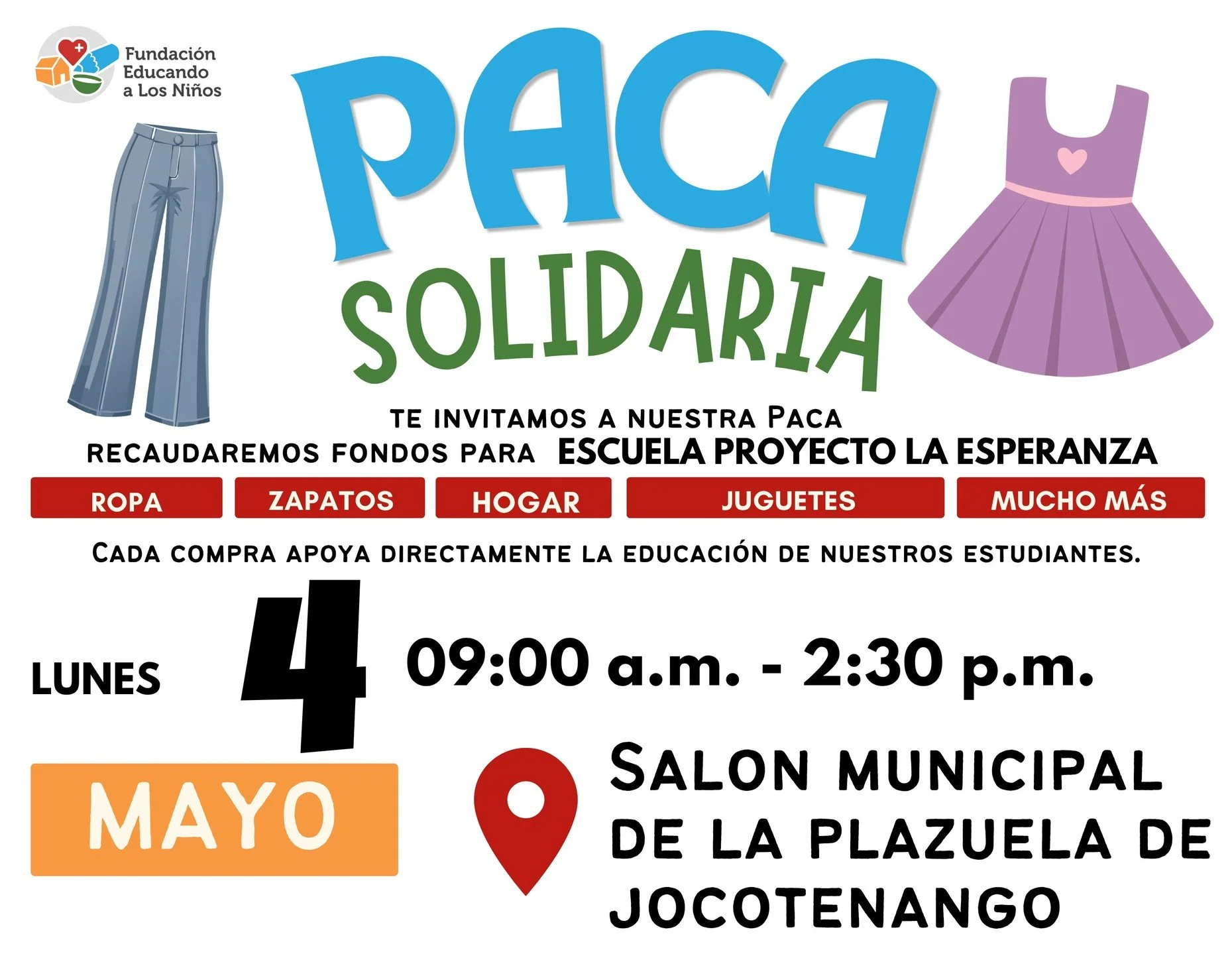 ✨ &iexcl;Te esperamos en nuestra Paca Solidaria! ✨

Este lunes 4 de mayo ven a encontrar ropa, zapatos, art&iacute;culos para el hogar, juguetes y mucho m&aacute;s&hellip; &iexcl;a precios accesibles y con prop&oacute;sito! 💛

Cada compra que realic