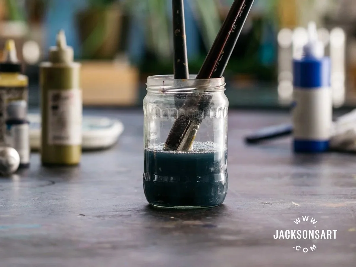 A glass jar filled with blue ink and holding paintbrushes on a wooden table with art supplies in the background.