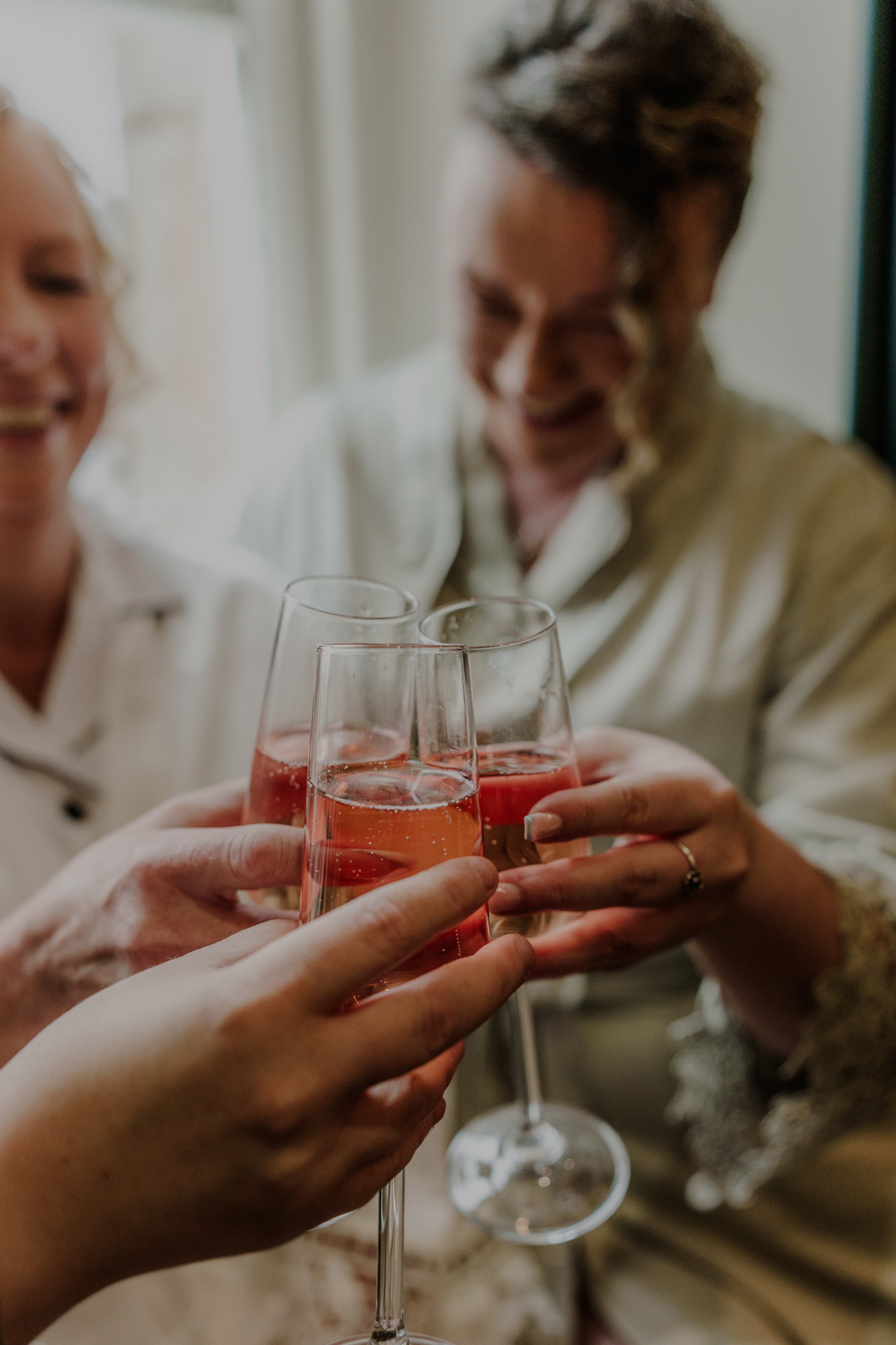 Group of friends clinking glasses of rosé wine in a toast, smiling and enjoying a celebration indoors.