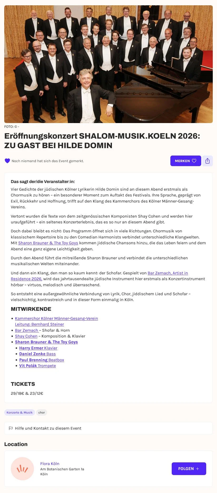Ankündigung des Eröffnungskonzerts auf Rausgegangen.de mit Foto des Kölner Männer-Gesang-Vereins