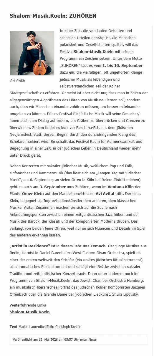 Avi Avital mit Mandoline – Bericht zum Festival Shalom-Musik.Koeln