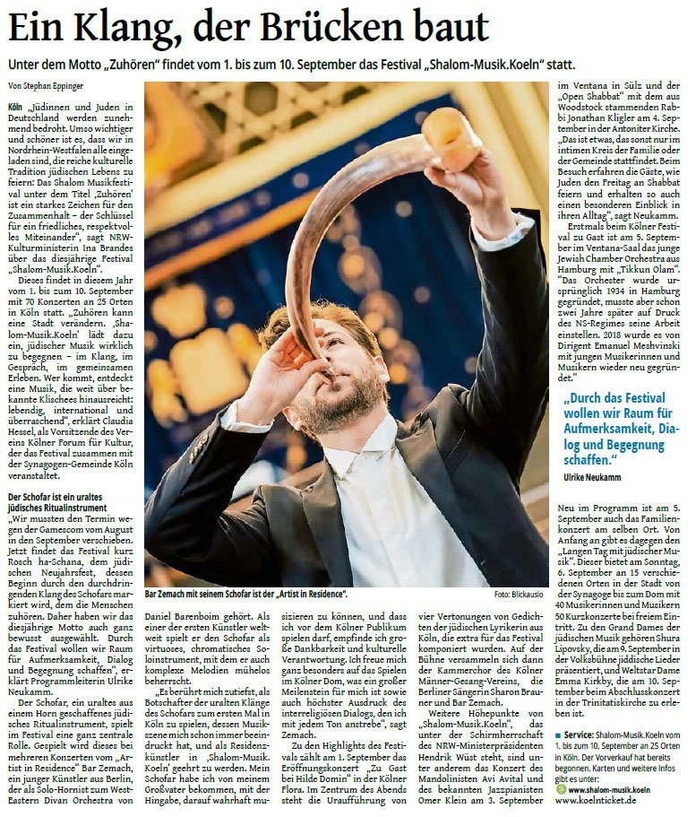 Zeitungsartikel der Westdeutschen Zeitung mit Schofar-Foto von Bar Zemach