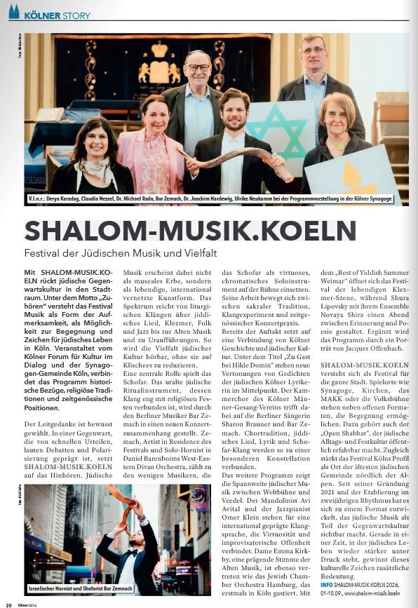 Magazinseite KÖLNER STORY über SHALOM-MUSIK.KOELN mit Ensemblefotos