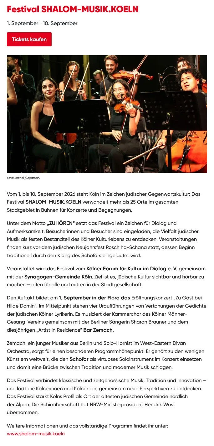 Screenshot des Artikels auf koeln.de zum Festival SHALOM-MUSIK.KOELN mit Ensemblefoto