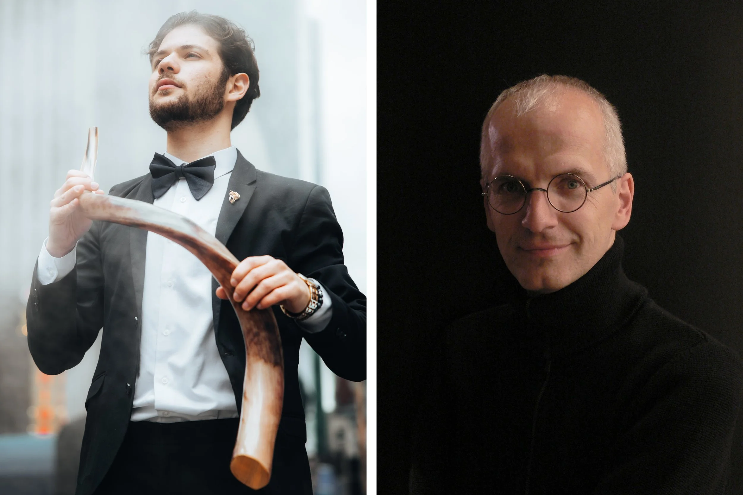 Der Hornist Bar Zemach mit einem Schofar und der Organist Winfried Bönig an den Tasten der großen Orgel im Kölner Dom während des gemeinsamen Abschlusskonzerts.