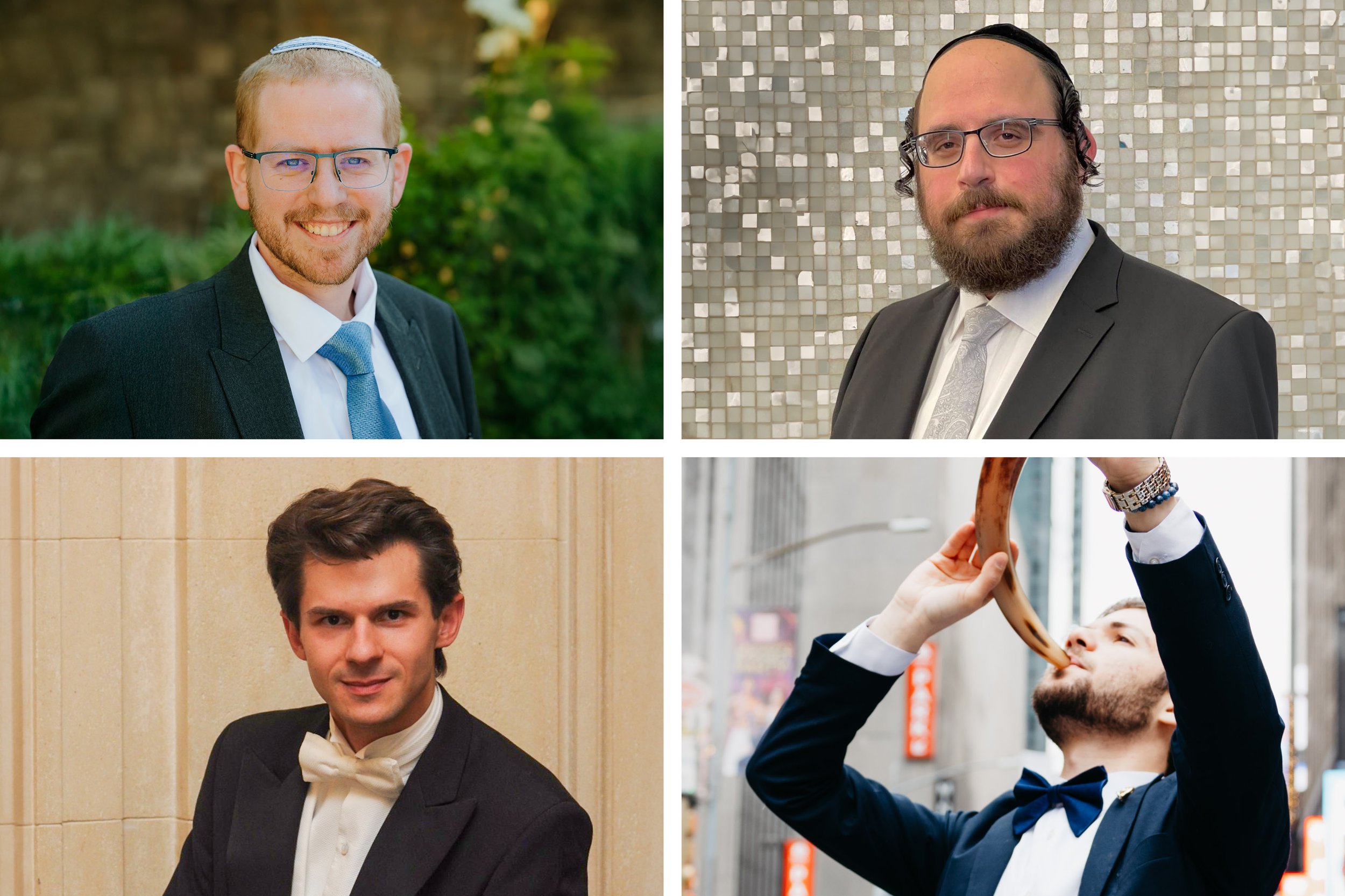 Vierteilige Collage der Mitwirkenden: Oben links Kantor Jonathan L. Adler mit Kippa, oben rechts Kantor Mordechaj Tauber, unten links der Pianist Dr. Roman Salyutov im Frack und unten rechts Bar Zemach beim Blasen des Schofars.