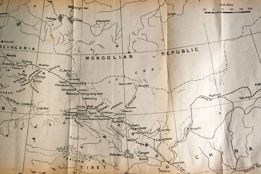  Map from Mildred’s book, showing the route from Lanzhou (‘Lanchow’) .  north west through Xinjiang. 