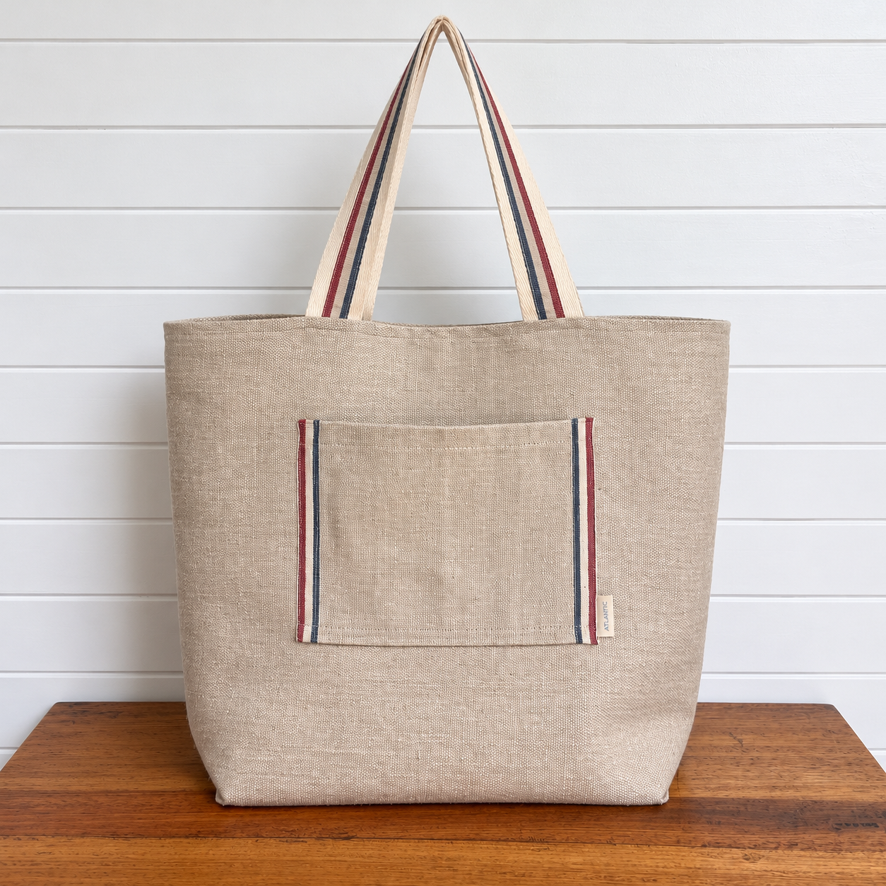Tidal Tote handmade linen canvas tote bag with front pocket