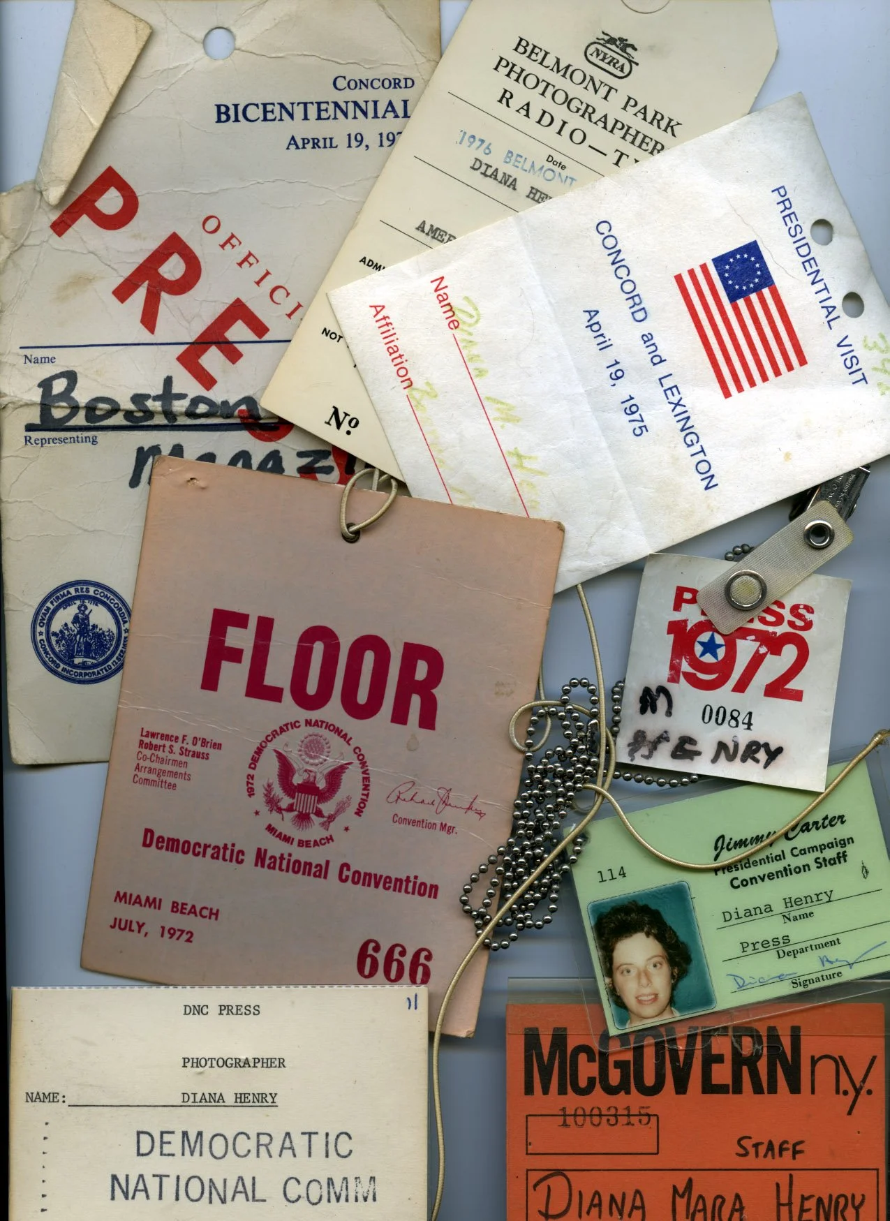 Some of Diana Mara Henry's later press passes.
