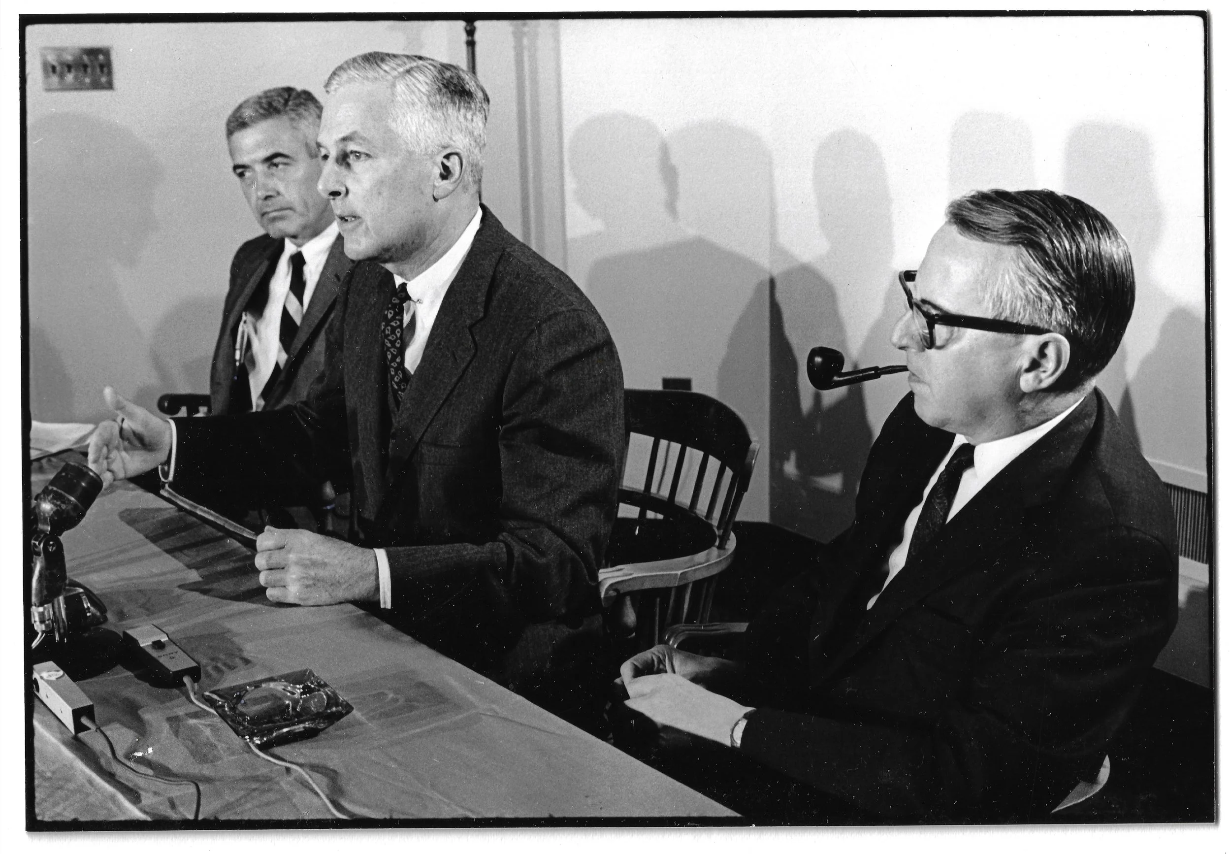 Dean of Harvard College Fred L. Glimp, Pres. Nathan Pusey, Dean of the Faculty of Arts and Sciences Franklin L. Ford.