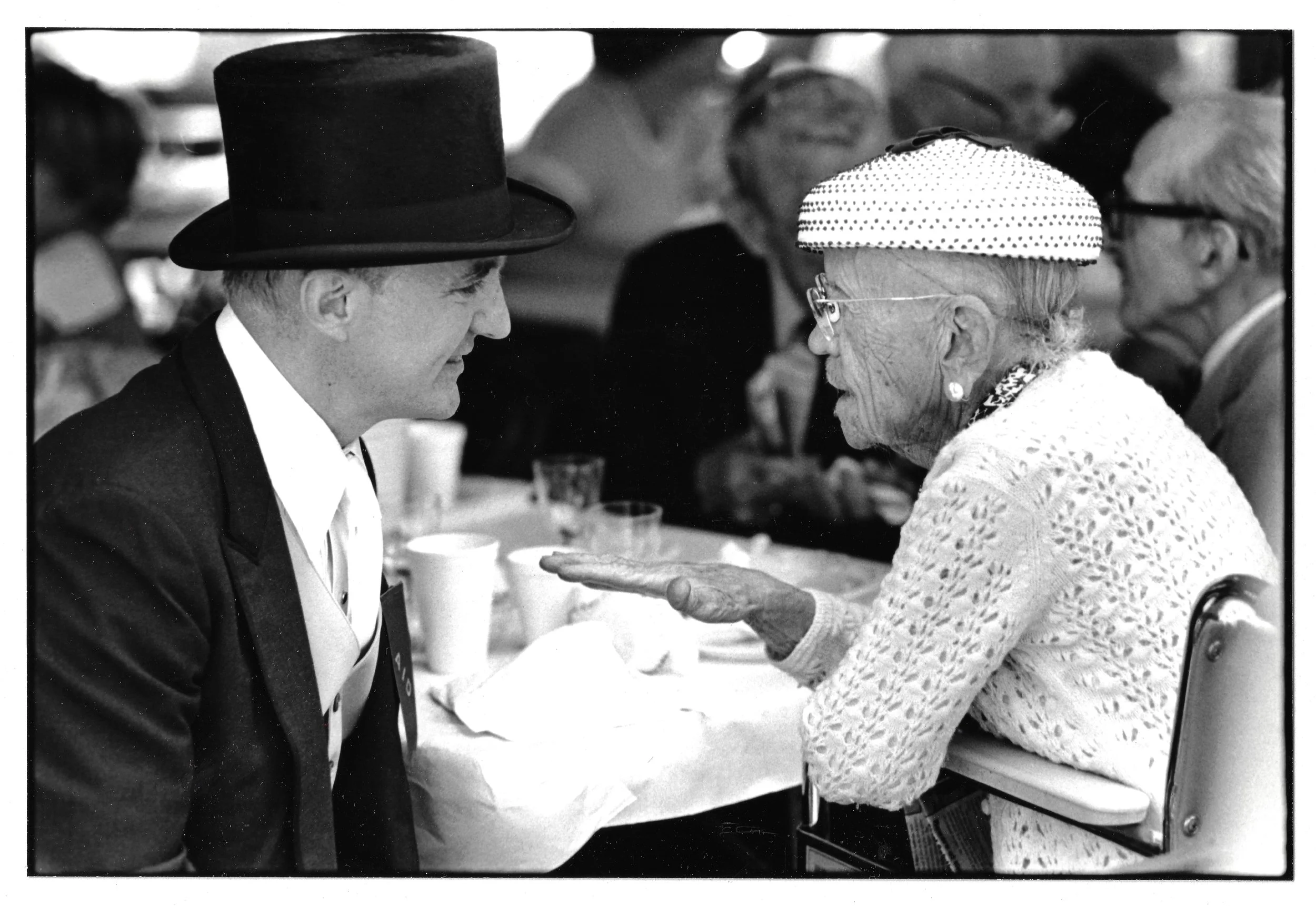 A class marshall getting a piece of her mind from a straight-shooting older grad. 