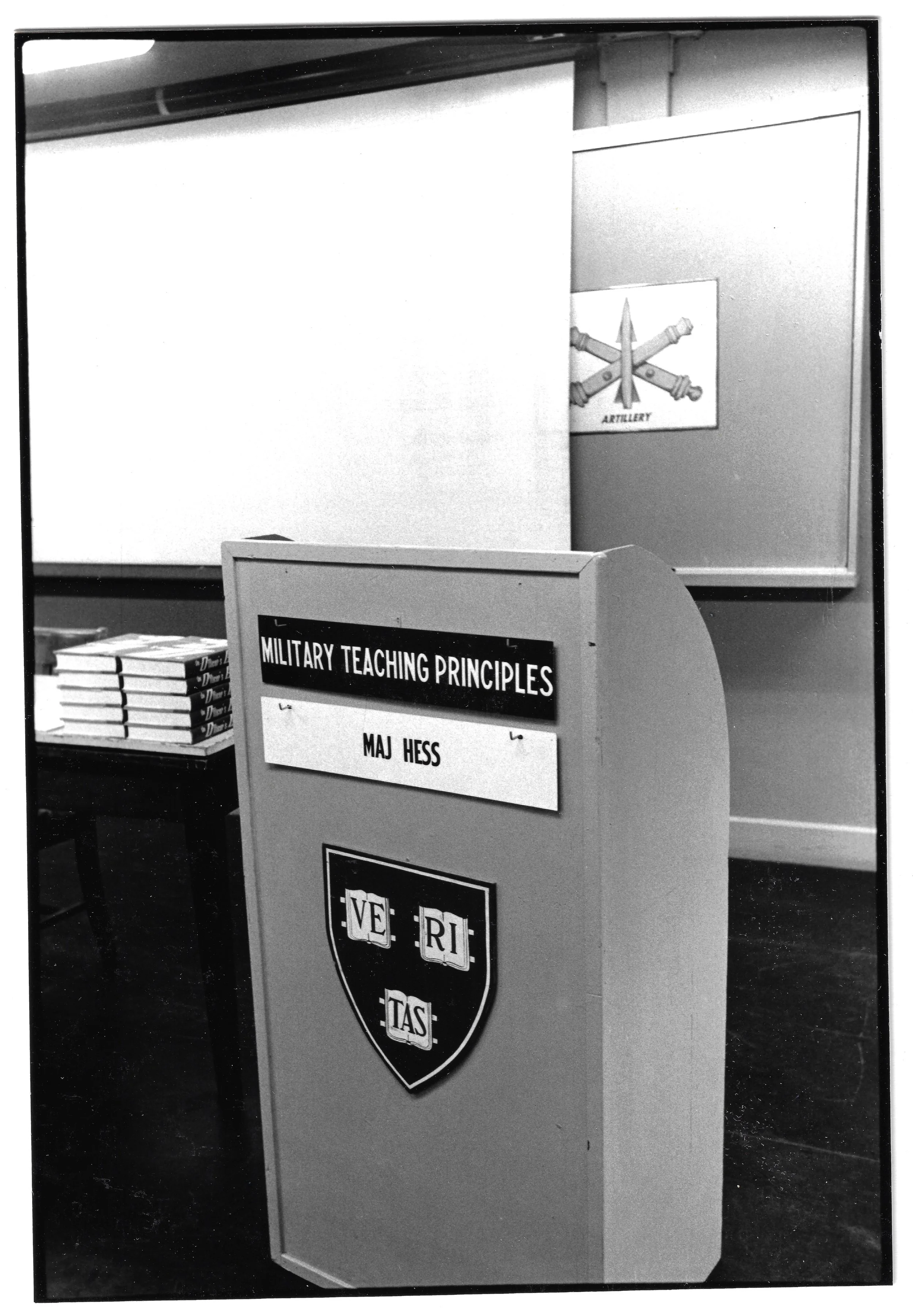 Podium with the Harvard logo at ROTC.